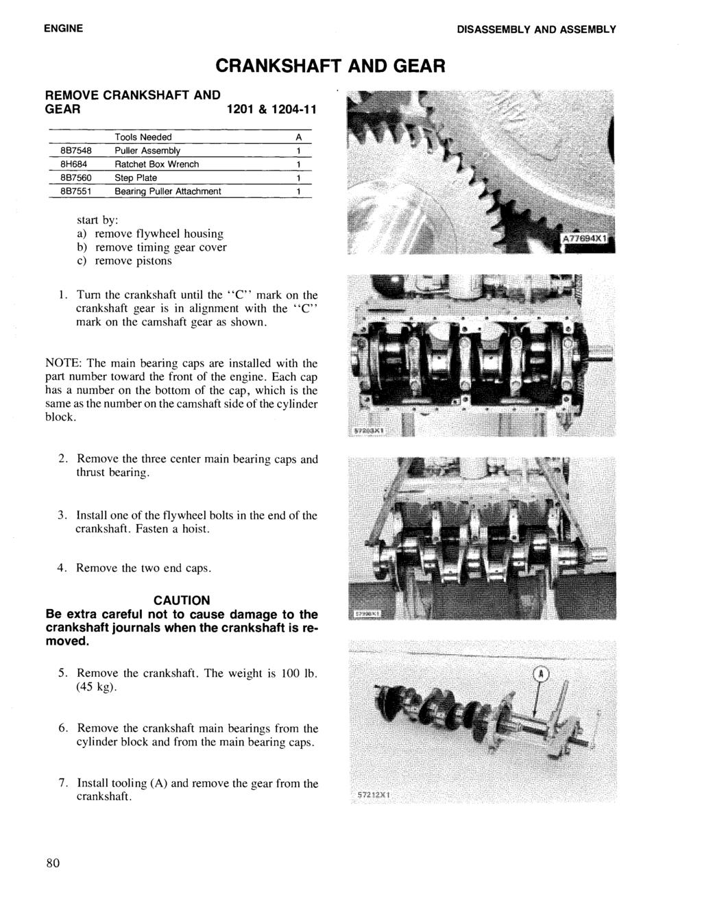 ENGINE DISASSEMBLY AND ASSEMBLY REMOVE CRANKSHAFT AND GEAR 1201 & 1204-11 CRANKSHAFT AND GEAR Tools Needed 887548 Puller Assembly 8H684 Ratchet 80x Wrench 887560 Step Plate 887551 8earing Puller
