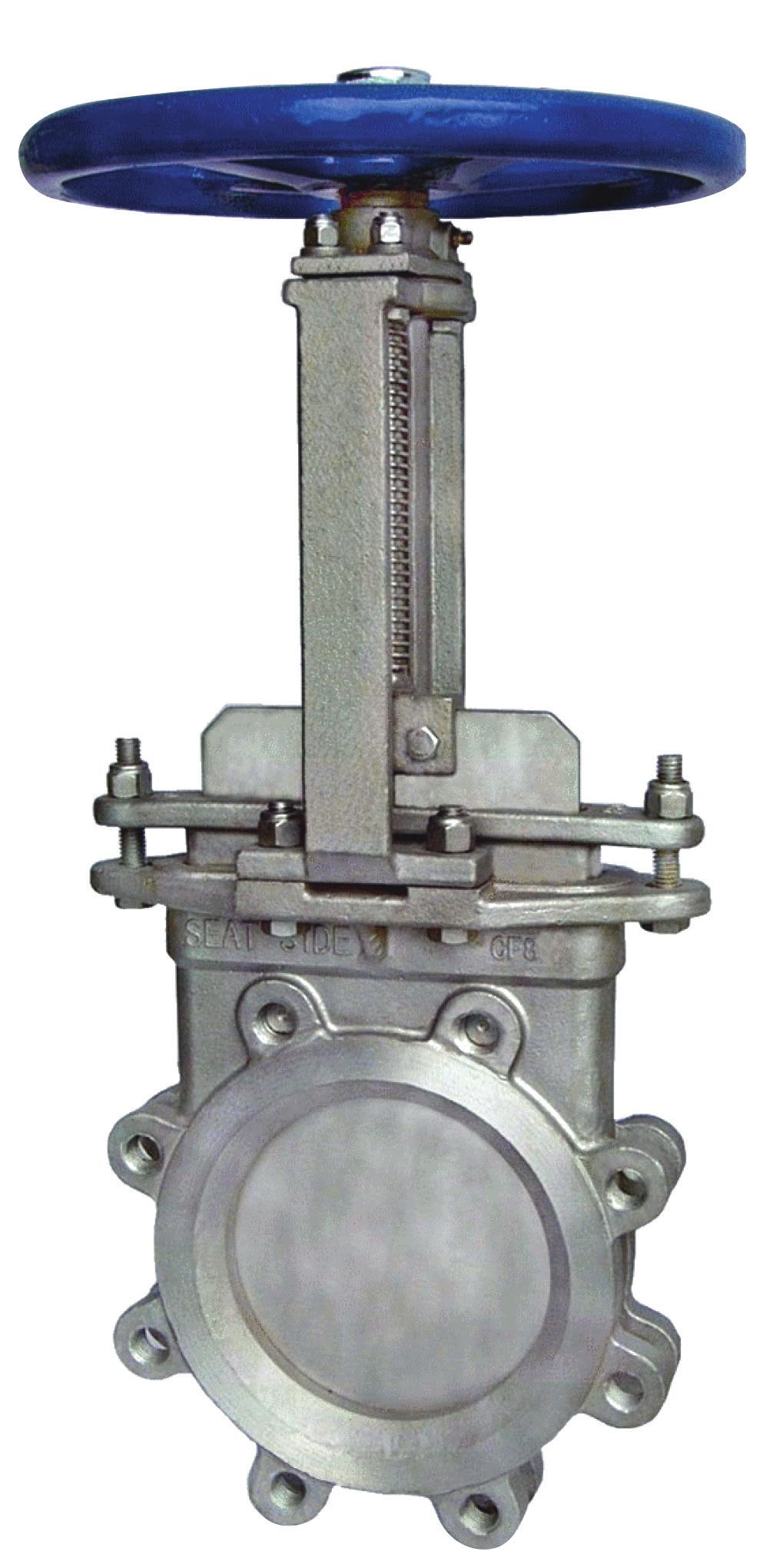 Figure 93 Stainless Steel Metal Seated Knife Gate Valve Cast stainless steel body, packing gland, and yoke. Heavy duty body designed to resist deflection from line loads and internal pressure.