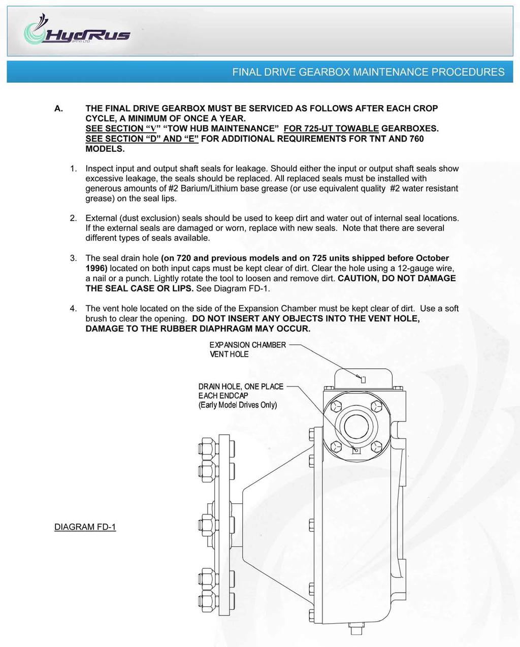 FINAL DRIVE GEARBOX MAINTENANCE PROCEDURES A. THE FINAL DRIVE GEARBOX MUST BE SERVICED AS FOLLOWS AFTER EACH CROP CYCLE, A MINIMUM OF ONCE A YEAR.