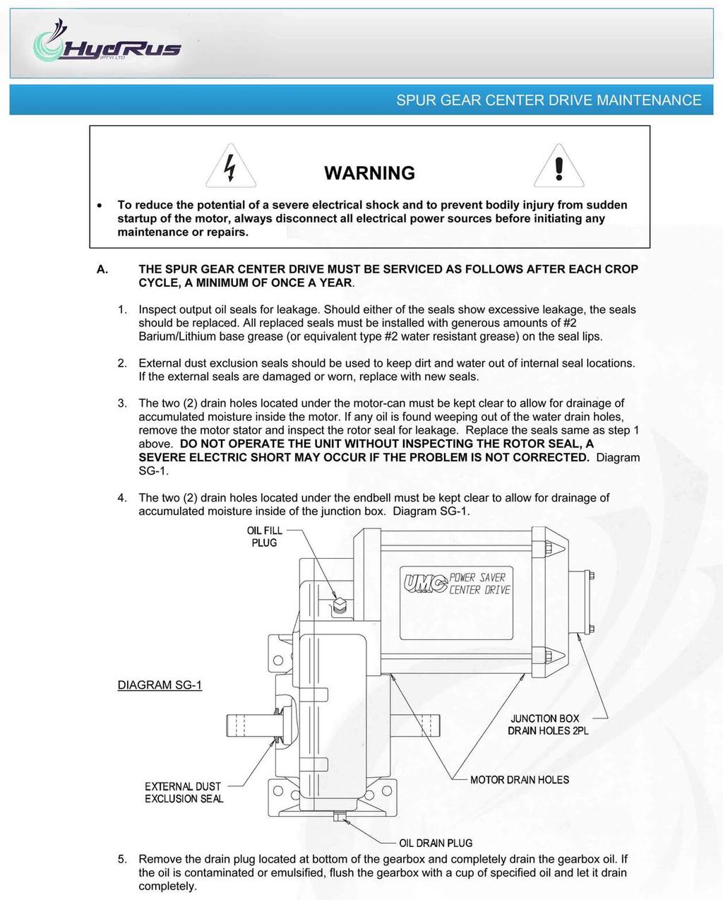 SPUR GEAR CENTER DRIVE MAINTENANCE WARNING To reduce the potential of a severe electrical shock and to prevent bodily injury from sudden startup of the motor, always disconnect all electrical power