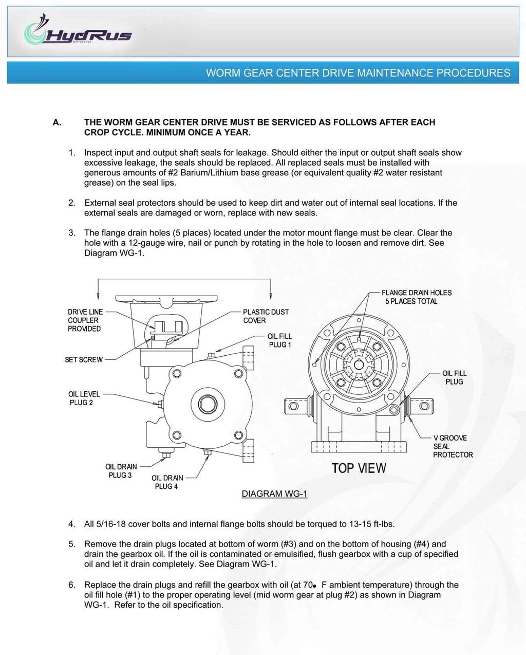 WORM GEAR CENTER DRIVE MAINTENANCE PROCEDURES A. THE WORM GEAR CENTER DRIVE MUST BE SERVICED AS FOLLOWS AFTER EACH CROP CYCLE. MINIMUM ONCE A YEAR. 1. Inspect input and output shaft seals for leakage.