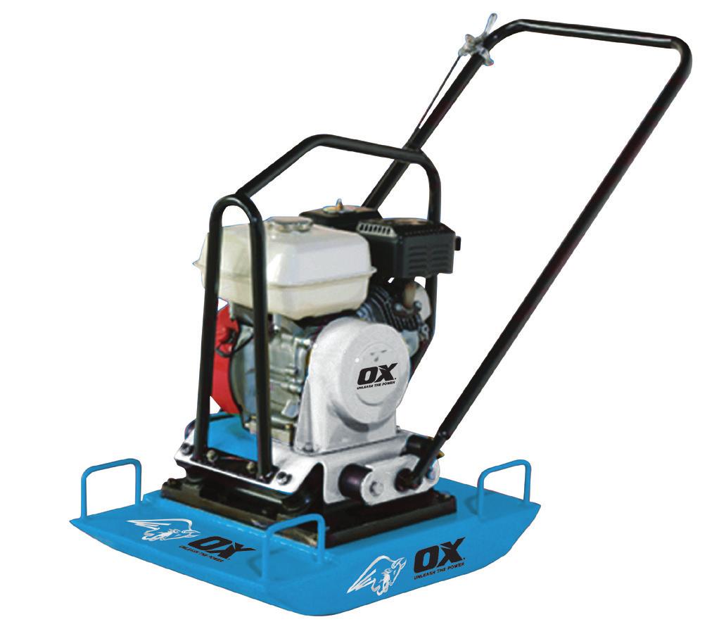 PRO OX-PC100 PLATE COMPACTOR Reversible Low vibration Heavy duty construction Heavy duty shock mounting reduces vibration Vibration isolated reversible handles Protective frame 12 MONTH WARRANTY OIL