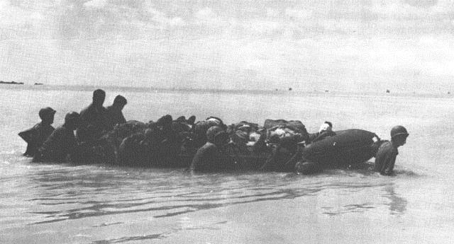 Rubber rafts used to ferry the bodies of wounded