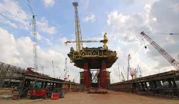 The modular Mega Jack system lifted the topside to a height of 40 metres The new fully-manned platform is operated by Shell which co-owns it along with ConocoPhilips Sabah and Petronas Carigal, and