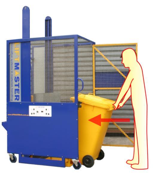 Ensure the door is firmly closed and the safety catch is latched or the BinLifter will not operate. The BinLifter is now ready to lift the wheelie bin and empty its contents. Figure 7.