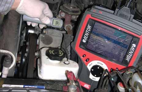 If you hit the so-called sweet spot on the engine casting adjacent to the coolant temperature sensor from as close as possible, the infrared thermometer should read within 15 F of the scan tool.