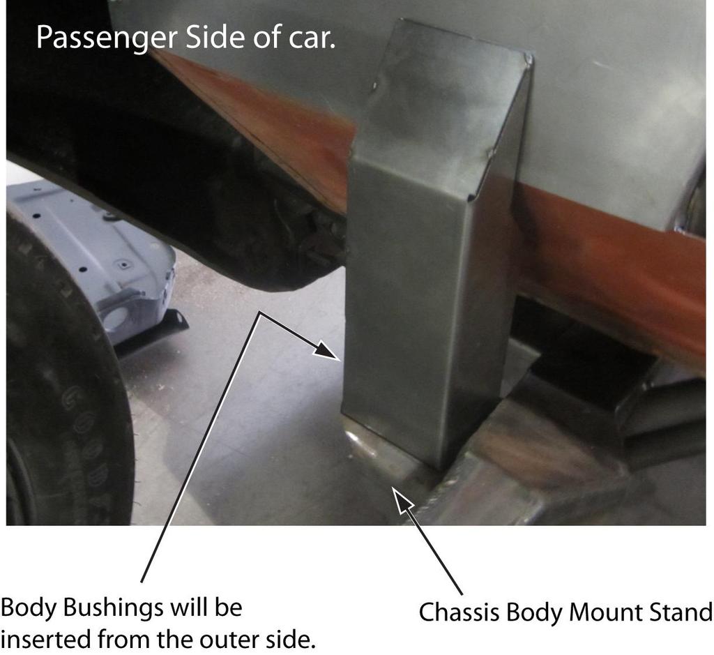 7. With the body on the chassis line up the bolt hole in the box with the bolt hole on the chassis mount, install a body mount bushing assembly in the proper order and place the bolt down