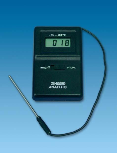 A fast reacting electronic thermometer with a three digit LCD screen ranging from 35oC to +500oC, with a resolution of 1oC.