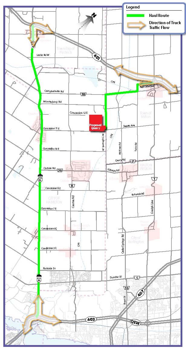 2.1.3 Alternative Haul Route 3: \In the case of Alternative Haul Route 3, truck traffic destined for Highway 401 east would travel north on Milburough Line, then east on Campbellville Road, north on