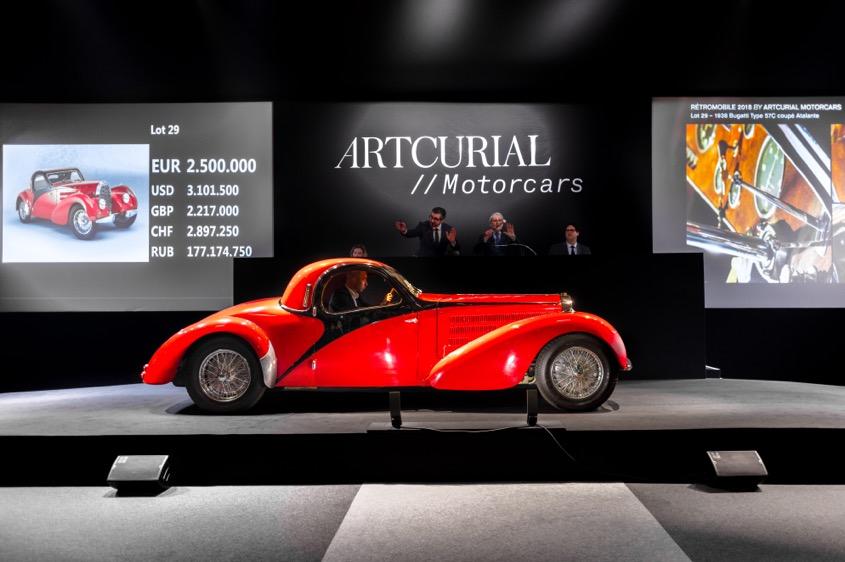 Rétromobile 2018 ARTCURIAL MOTORCARS LEADS PARIS SALES WITH 32 M / 39 M$ TOTAL AND 86% LOTS SOLD Sales results for 9 and 10 February 2018, in Paris Lot 29, 1938 Bugatti Type 57C coupé Atalante, sold