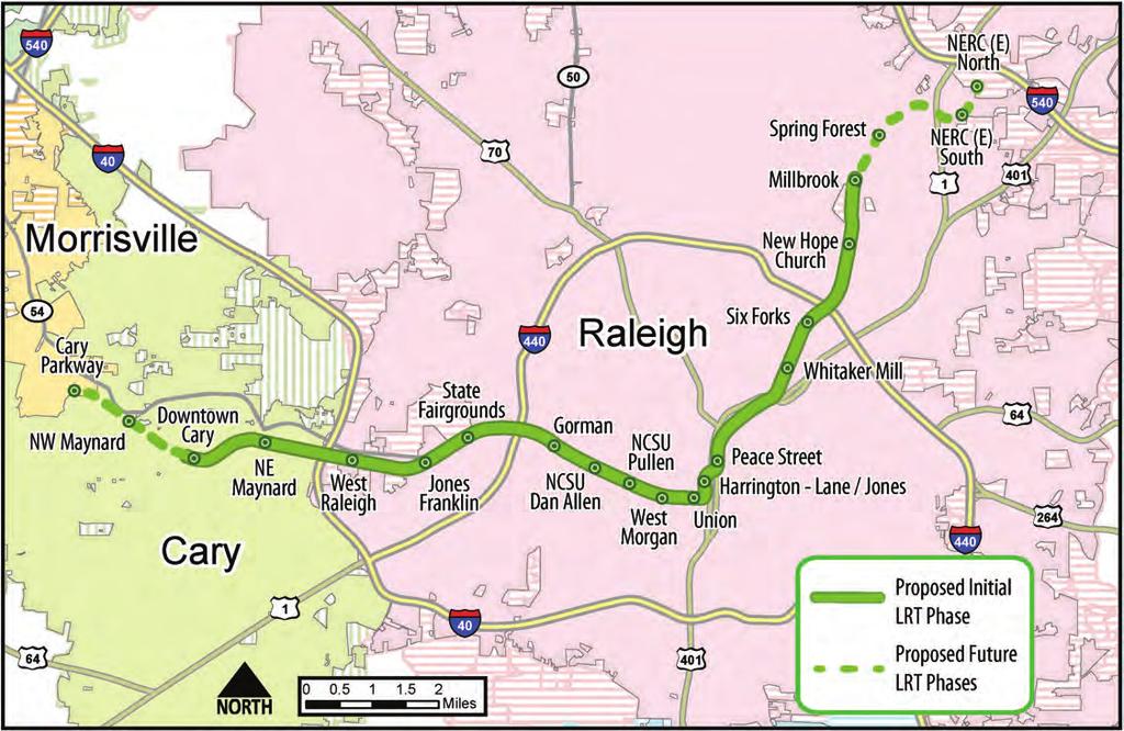 47 ENHANCED TRANSIT PLAN: Light Rail Light Rail Transit Cary/Raleigh (Millbrook Road) The recommended first project of a future light rail network would be constructed between downtown Cary and north