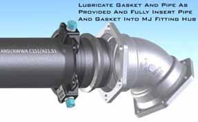 Evenly lubricate the beveled pipe end, pipe wall exterior, and inside surface of the MJ gasket with a lubricant that meets the requirements of AWWA C111.