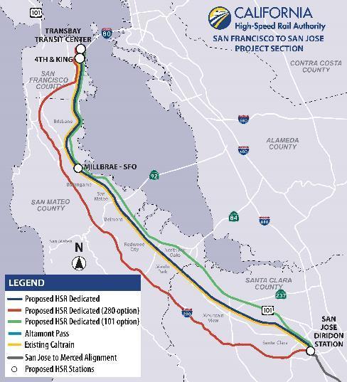 SAN FRANCISCO TO SAN JOSE: Narrowed Alternatives Altamont Corridor Alternative (2008) Impacts to wetlands, waterbodies and the environment Strong support from local cities, agencies and organizations