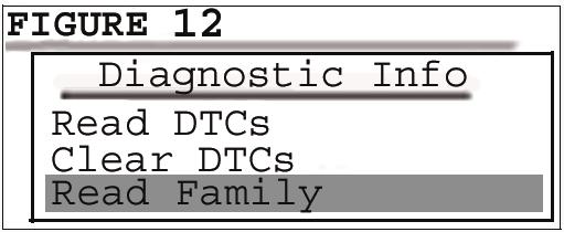 Then press the ESC button to EXIT and go to the previous menu. 10. To read the family, in the Diagnostics and Info menu scroll down to Read Family and press the ENT button to continue. See Figure 12.