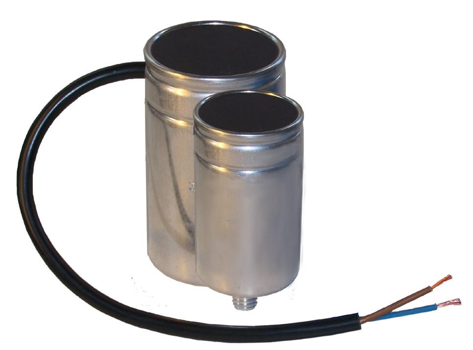 // Electrolytic Capacitors MDK Motorstart capacitor in double can Outside can is insulated Class IP 54 Features Insulated aluminium can Protection according to IP 54 Connection cable Double potted