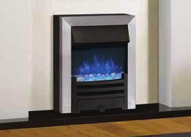 16 FIRES I 33 L O G I C E L E C T R I C A R T S Logic2 Electric Arts with Matt Black front, Brushed Steel effect frame with White & Clear Stone fuel effect on cool blue flame setting.