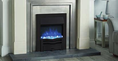 16 FIRES I 37 L O G I C E L E C T R I C W A V E Logic2 Electric Wave with Matt Black frame and front with White & Clear Stone fuel bed on cool blue flame setting.