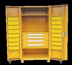 workshop ready storage solution. Unique tilt-bins inside cabinet doors swing forward to allow free access to contents, then tilt back for storage.