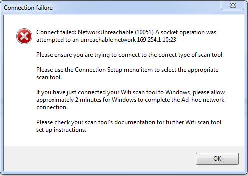 Figure 10 - Failed Wi-Fi connection Tip: Because Windows creates a peer to peer connection with your scan tool, your regular wireless connection with your Wi-Fi network is broken.