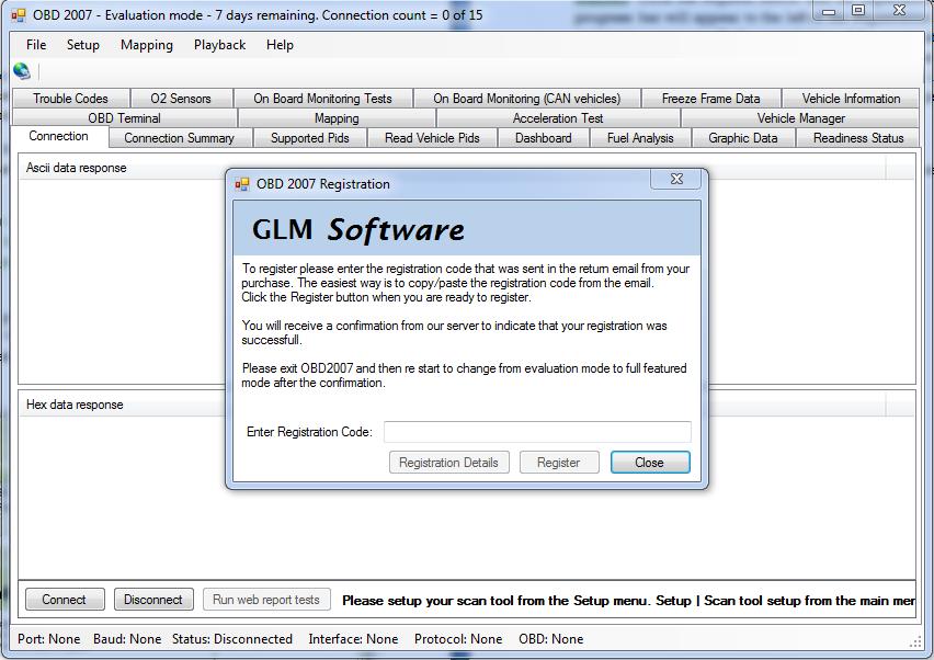 Figure 2 - Registration of OBD 2007 Copy and paste the registration code from the GLM Software confirmation email into the textbox labeled Enter Registration Code.