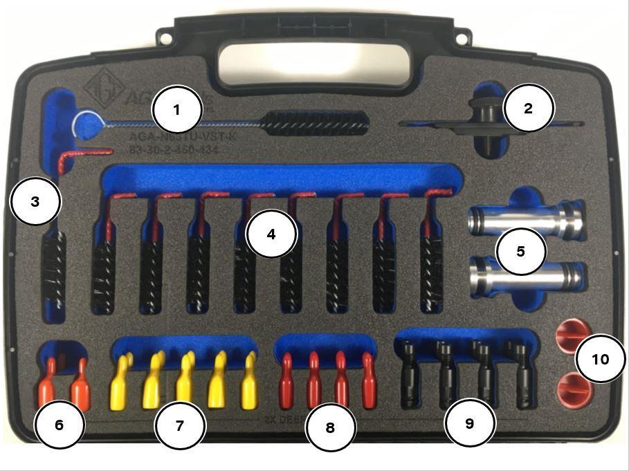 Parts in this kit: 1. Hand Brush P/N AGA-HB-8-34 2. Injector Plug Hold Bracket with Knob P/N AGA- N63TU-IPHB 3. Timing Hole Brush P/N AGA-N63TU-THB 4. Plug Brush P/N AGA-N63-PB-34 (Qty-8) 5.