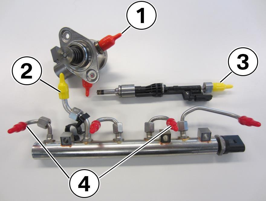 When removing the fuel system components utilize the orange, red and yellow caps found in the kit to protect the fuel injectors, fuel pumps and fuel lines from contamination.