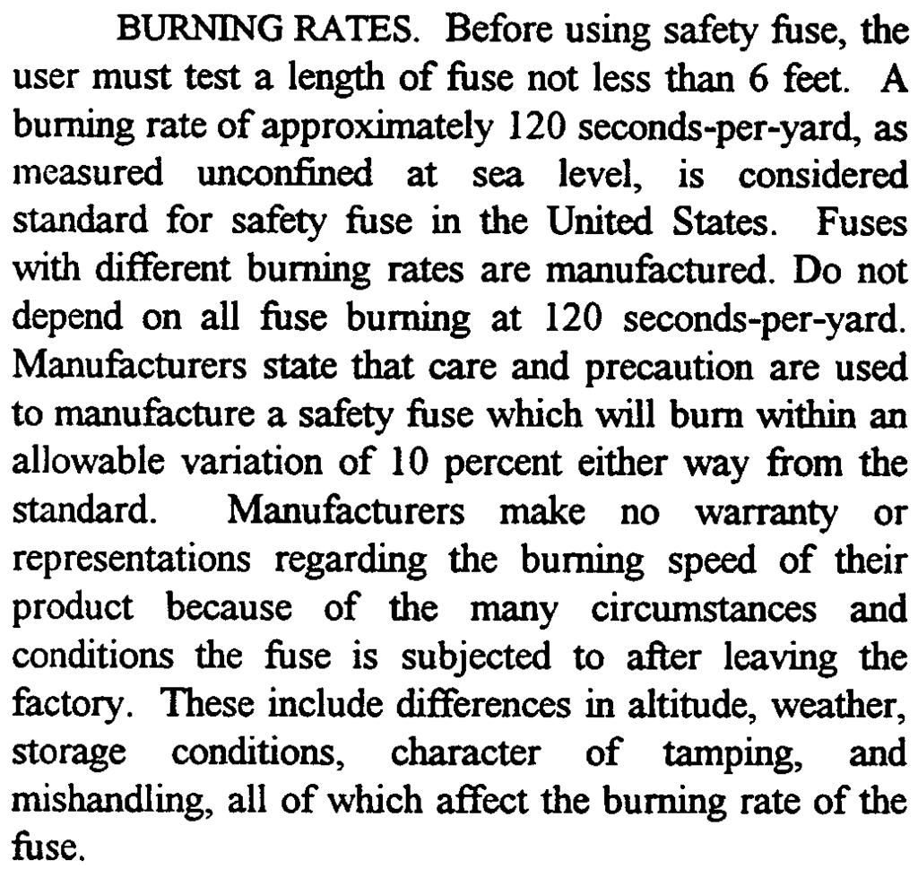 Fuses with different burning rates are manufactured. Do not depend on all fuse burning at 120 seconds-per-yard.