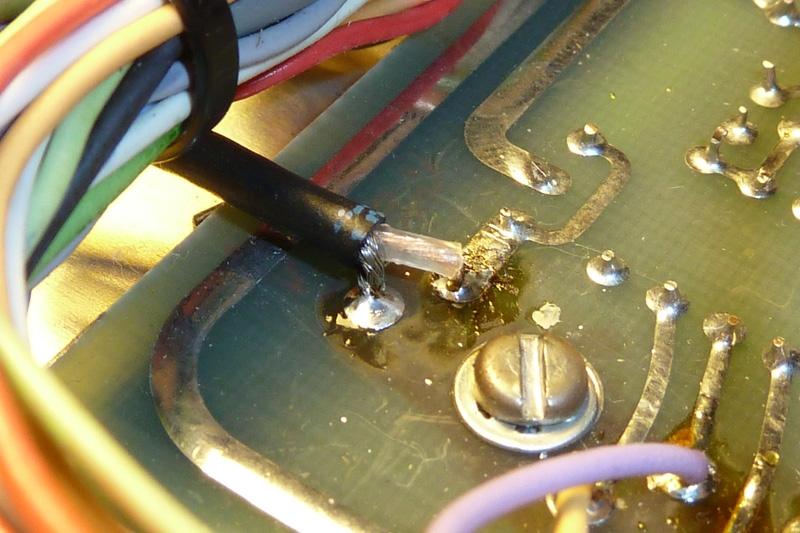 Photo 9: The coax from the VFO - the shield is soldered to the empty hole seen in the above photo.