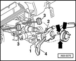 - Disconnect harness connector -1-. - Release retaining tab (arrows) and pull spiral spring from steering wheel switch.