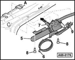 Page 73 of 75 69-98 Fig. 1 Igniter at D-pillar - Remove bolts -8-. - Remove airbag in direction of arrow. - Cable rolled up in delivery condition.