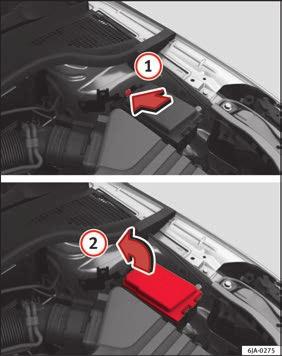 Fig. 87 In the engine compartment: fuse box cover - 2nd variant Read the additional information carefully page 43 Only replace fuses with a fuse of the same amperage (same colour and markings) and