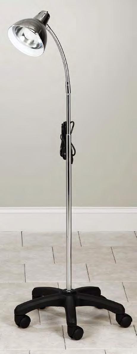 three-prong, cord Chrome finish pole Inner/outer cool shade system Flexible gooseneck arm Uses up to a 60 Watt 