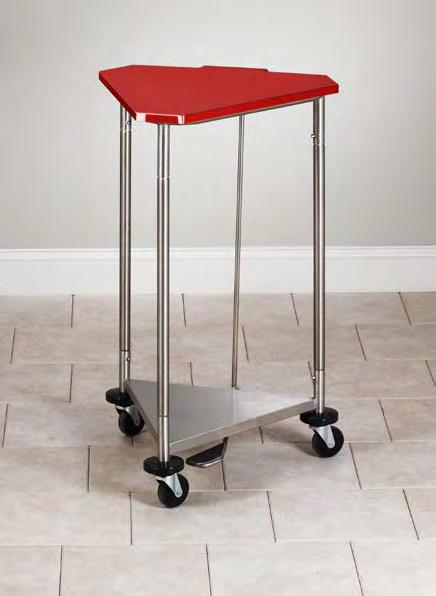 use extra wide chrome foot peddle Solid heavy gauge shelf keeps bags elevated 3" easy-roll swivel ball bearing casters