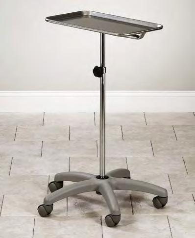 Base Height Range M-21 18" x 22" 31" 50" Single Post Mayo Stand Removable stainless steel tray 2 ball bearing, rubber casters 1" chrome plated pole and base Tip style position base Knob height