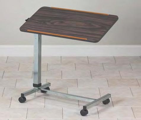 H-Base, Tilt-Top, Over-Bed Table Walnut laminate top Chrome plated base Tilting top for easy patient use 1 /4" lip edge on long sides Dual wheel nylon casters Single hand, spring