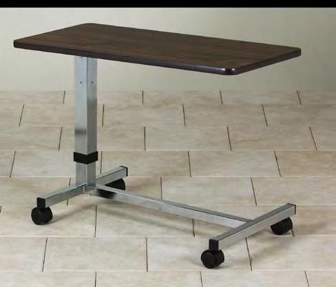 Walnut laminate top Chrome plated base U-base for easy access Tilting top for easy patient use 1 /4" lip edge on long sides Dual wheel nylon casters Single hand, spring  TS-195