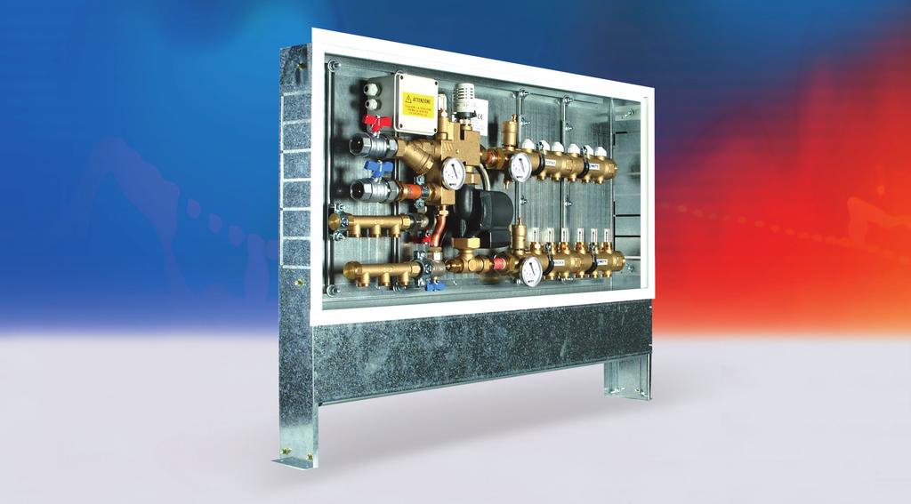 designed for the mixing, pumping and distribution the fluid working in radiant panel heating systems consisting of : - Central 6-way multifunction valve for mixing of the hot fluid at lower