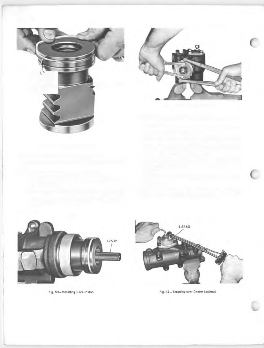 I Page 18 BACK O-RING MUST BE INSTALLED UNDER PISTON RING RACK-PISTON NUT Fig. 60 Locking Preload Adjustment Fig. 58-Installing Ring on Rack-Piston 6. Install the rack-piston plug in the rack-piston.