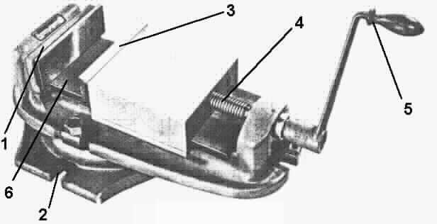 (1) The fixed side of the vise. (2) The fixing side with T shape chamfer bolt and nuts (3) The moving side of the vise. (4) The screw bar. (5) The handle. (6) The surface of the vise.
