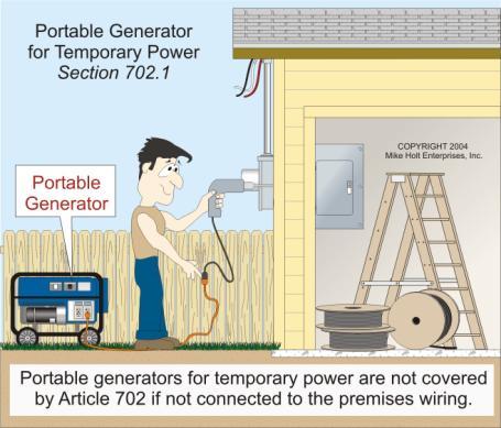 702.1 Scope A portable generator used for temporary power, like those used on construction sites, doesn't fall within the scope of Article 702 unless the generator is connected to the premises wiring.