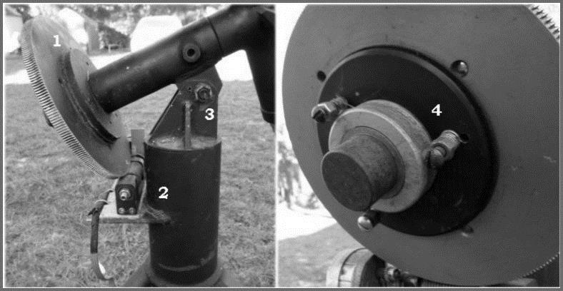 LEFT: 1) painted gears, 2) worm welded to pier, 3) pier hub and polar housing welded and RIGHT: 4) original Mathis clutch pressure ring missing, replaced by nuts, bolts and springs The plan for