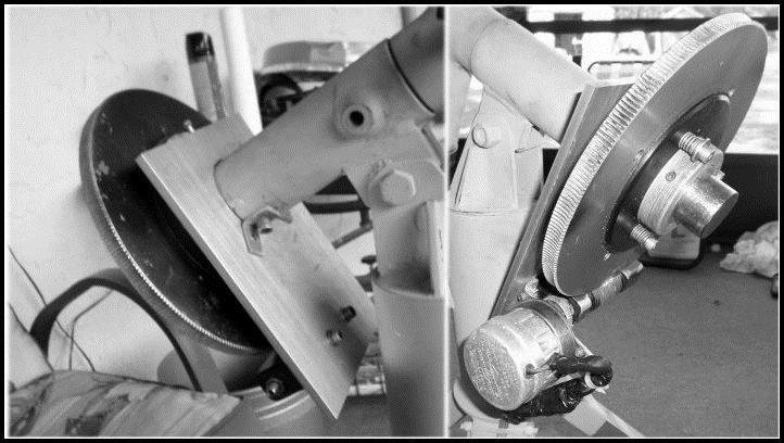 LEFT: 6 x 8 x ¼ hardened aluminum plate secured to polar housing with set screw from top and side mounted angles and set screws. RIGHT: Motor bracket and motor mounted to plate.