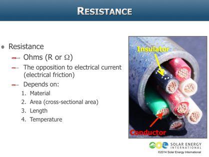 The next term is resistance, which is the opposition of a material to the flow of an electrical current, much like friction reduces the flow of water through a pipe.