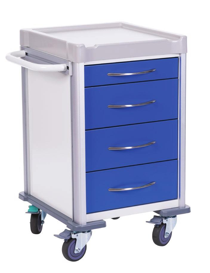CA4360 Clini-Cart Slimline hospital trolley, atlantic Easy to clean 4 x 125mm castors (two braked) Range of accessories available to tailor to specific needs Pull
