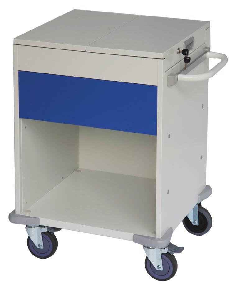 NEW 4 x 100mm castors (two braked) for great mobility Sliding top provides work space A comfortable height for access Lockable to keep notes secure Push handle Compact model accommodates