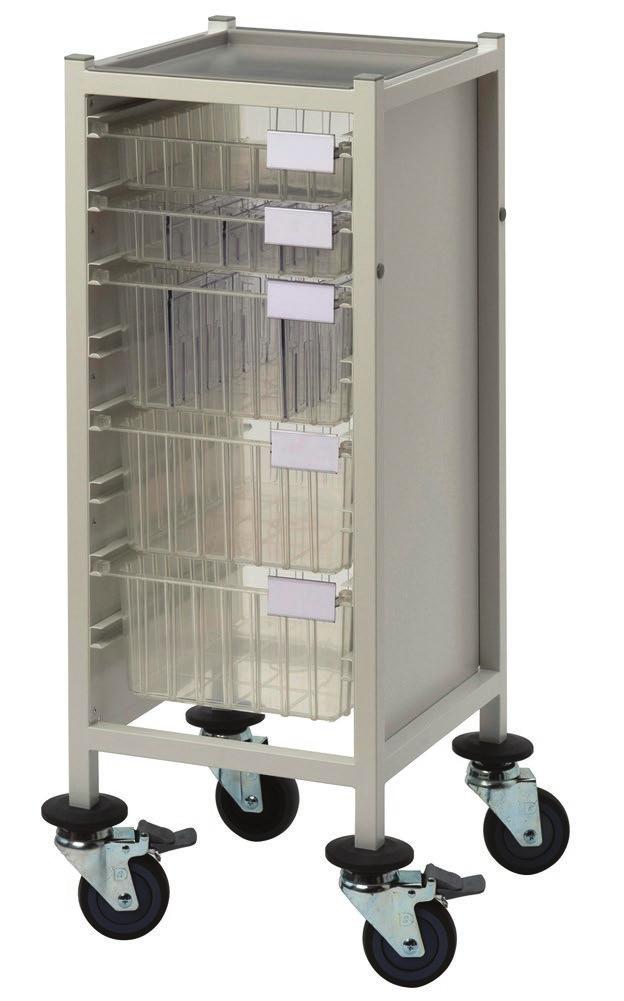 CA42022S3D Single width Multi-Store procedure trolley standard height, with 2 shallow and 3 deep trays Easy to clean Push handles for convenience Removable top assists with ease of cleaning 4 x 100mm