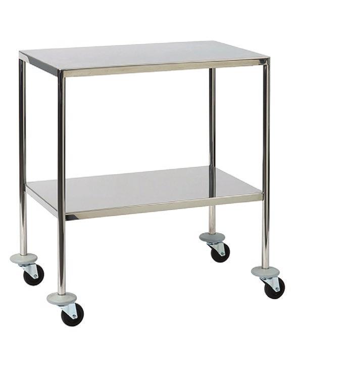 CA4175 Flush-welded stainless steel dressing/instrument trolley 750mm x 450mm IMPROVED Lightweight and easy to move Stainless Steel construction suitable for chemical use Supplied with buffers to
