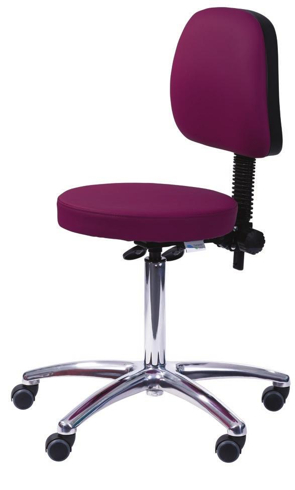 CA300320BY Shetland operator stool with castors and backrest, berry Wipe clean padded anti-microbial vinyl for ease of cleaning Fully upholstered seat pad Stylish aluminium base 50mm castors Height