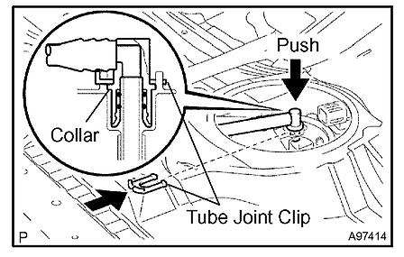 e. Connect the fuel tank main tube. 1. Push the fuel tube joint into the plug of the suction plate, then install the tube joint clip.