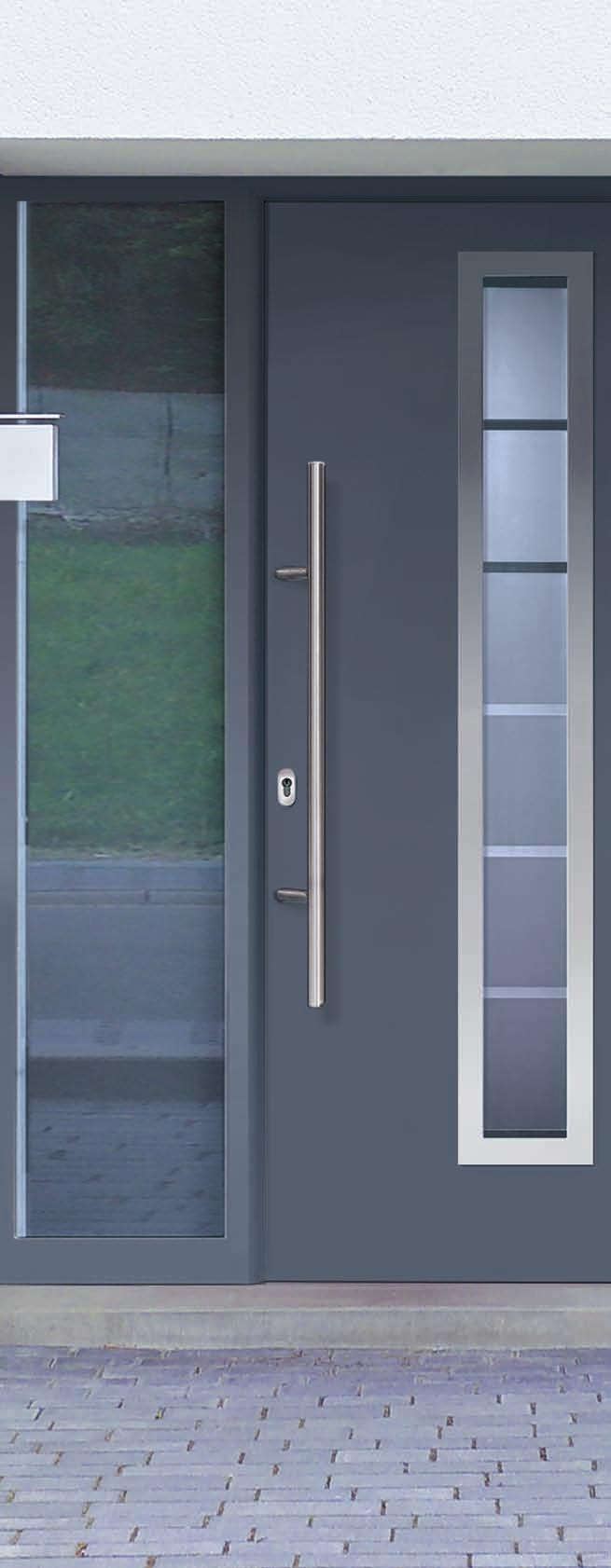 Matching side elements and transom lights Each FrontGuard entrance door can